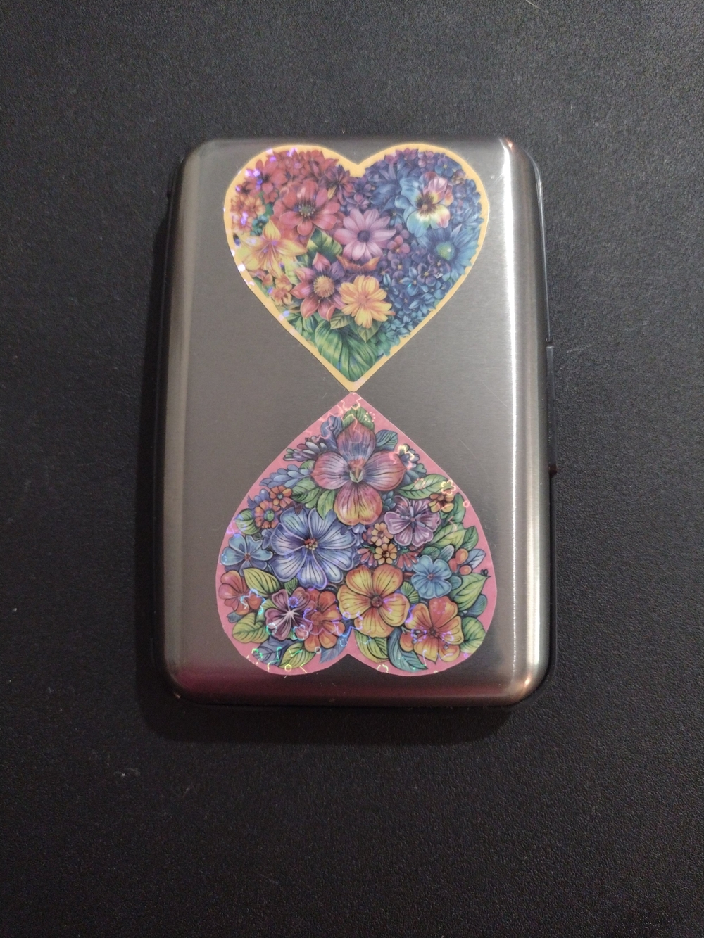 Silver Floral Heart Sticker Decorated Credit Card Case